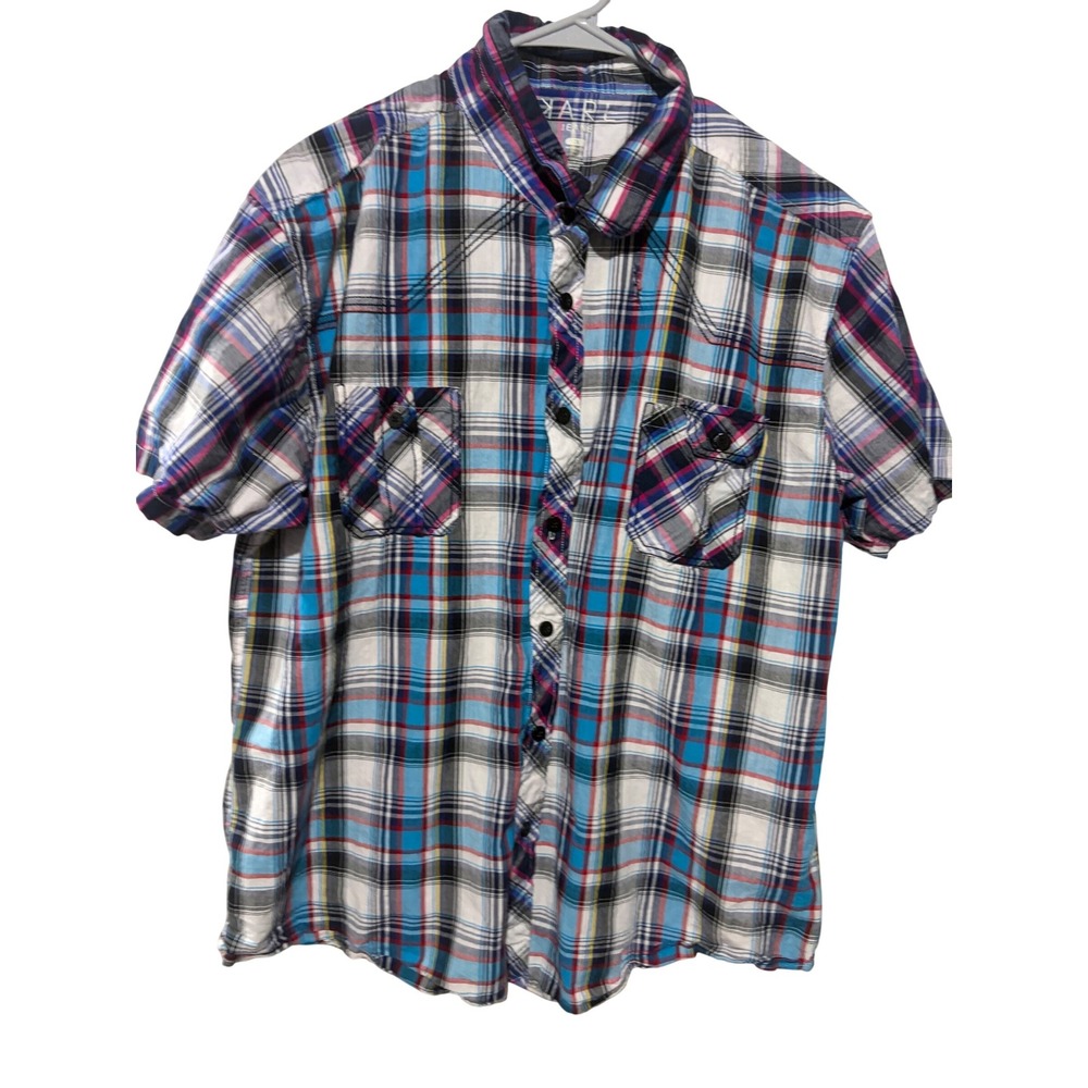 XARE Jeans Mens 2X Short Sleeve Plaid Button Down‎ Shirt Western Blue Pink Multi
